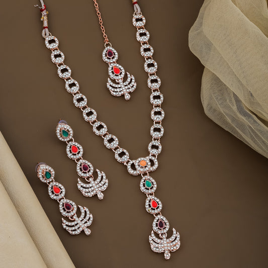 Elegant Multicolor Stone Bridal Jewelry Set – Necklace, Earrings & Maang Tikka