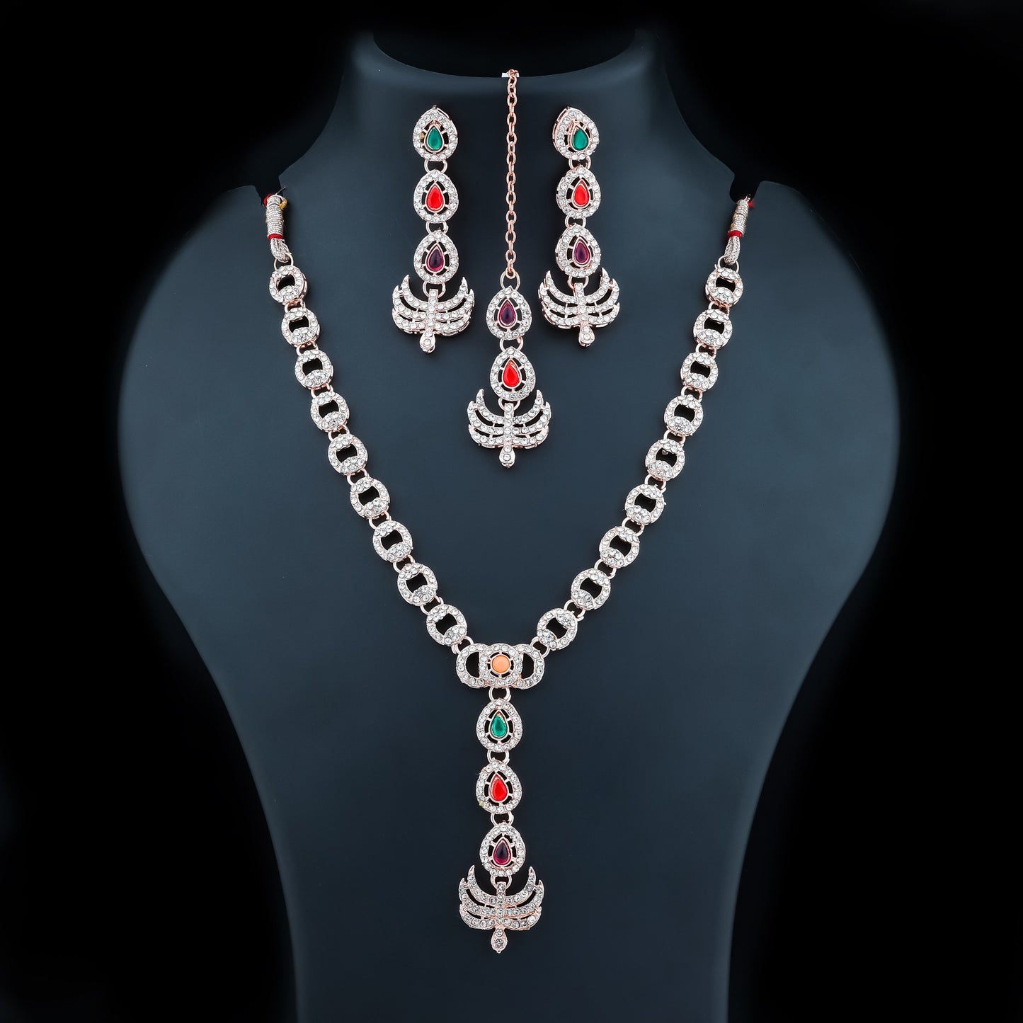 Elegant Multicolor Stone Bridal Jewelry Set – Necklace, Earrings & Maang Tikka