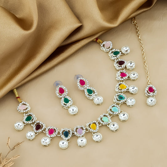 Colorful Kundan Style Necklace Set with Earrings & Maang Tikka – Traditional Ethnic Jewelry