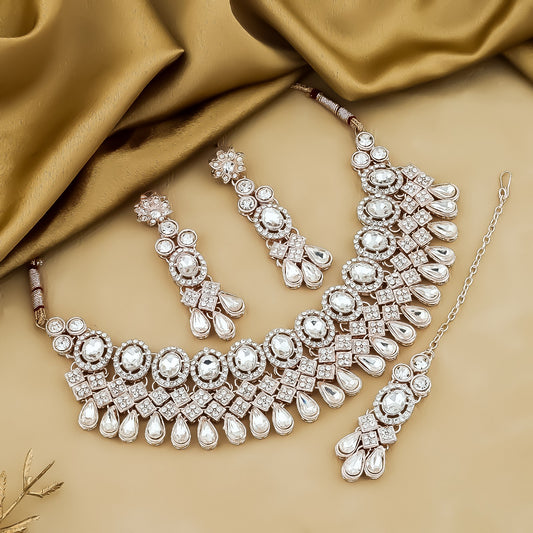 Bridal Polki Kundan Choker Set in White & Silver – Necklace, Earrings & Maang Tikka